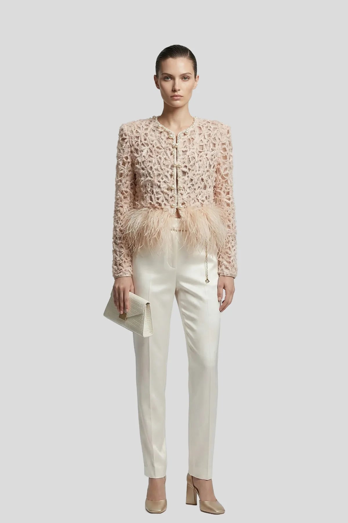 DW Ateller Pearl & Feather Trimmed Textured Evening Jacket