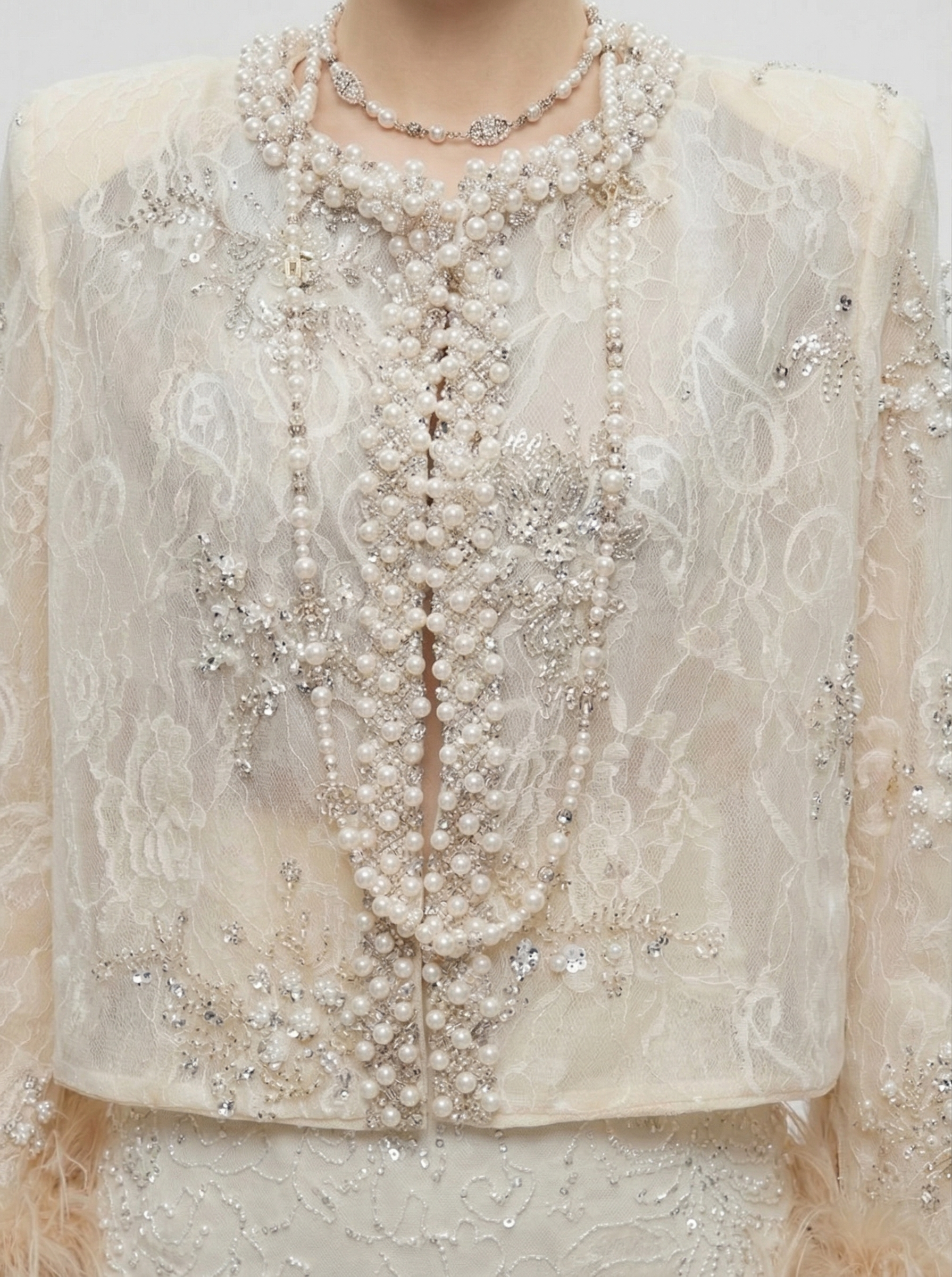 DW Ateller Pearl-Encrusted Lace Jacket & Beaded Mini Skirt