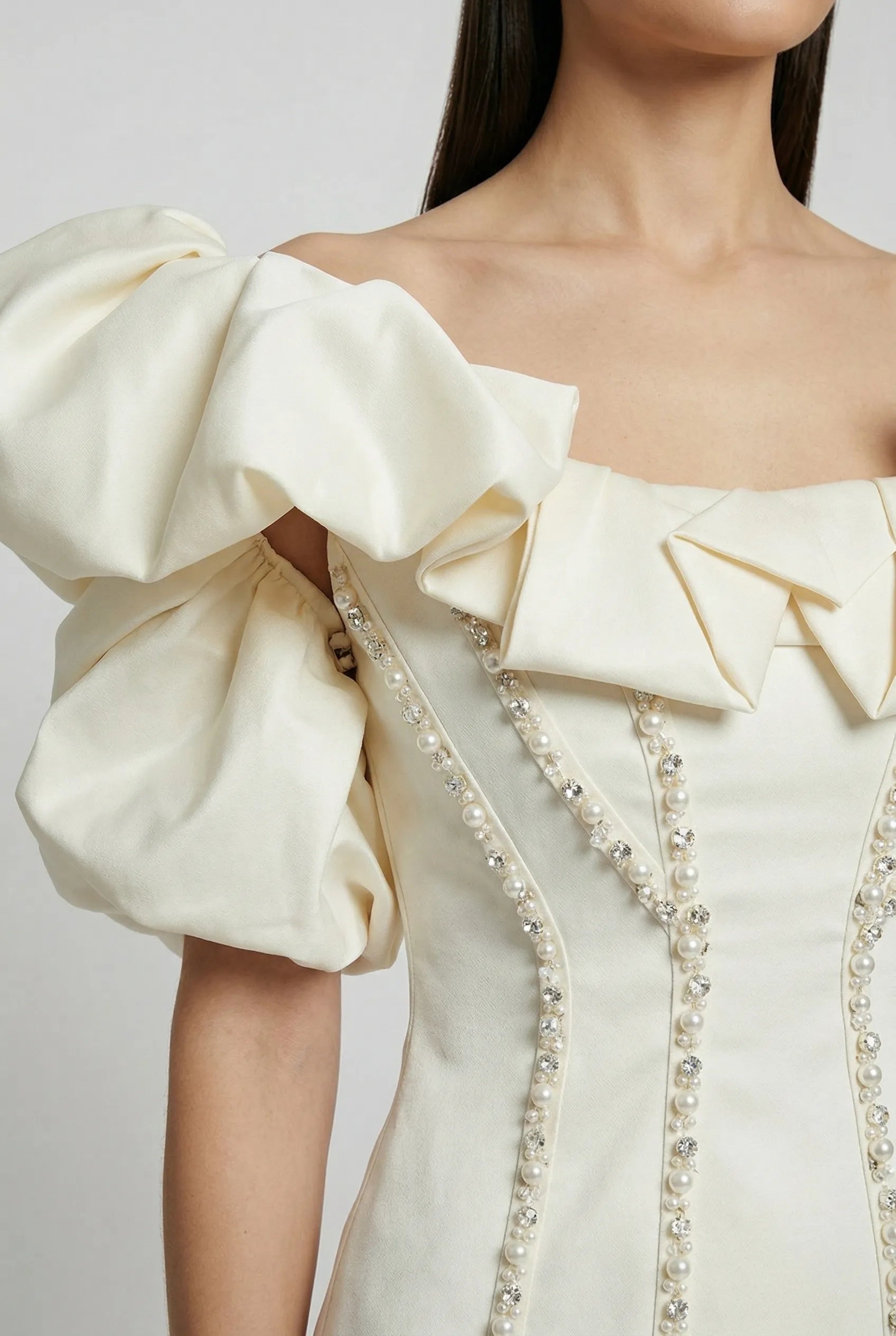 Sculptural Pearl-Embellished Mini Dress