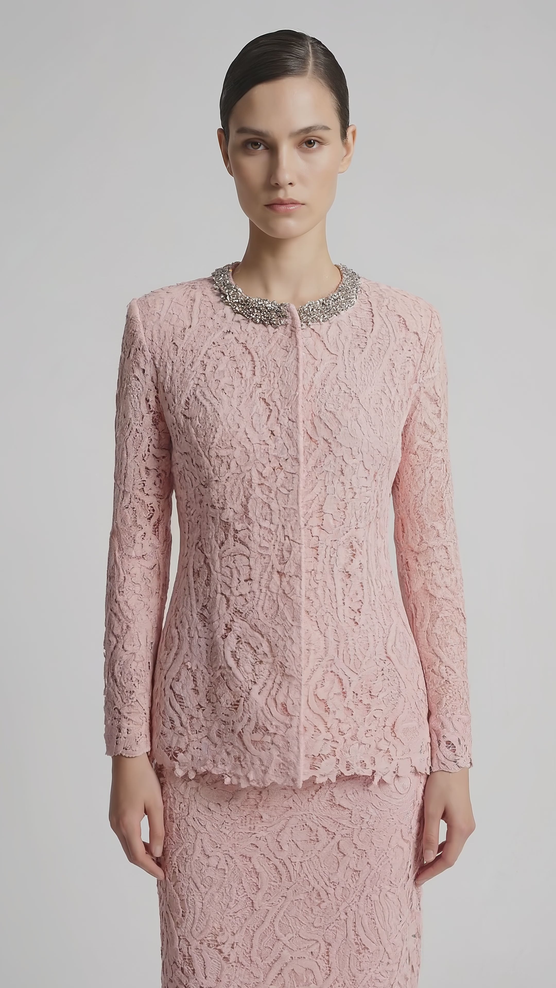 Crystal-Collar Rose Lace Tailored Set