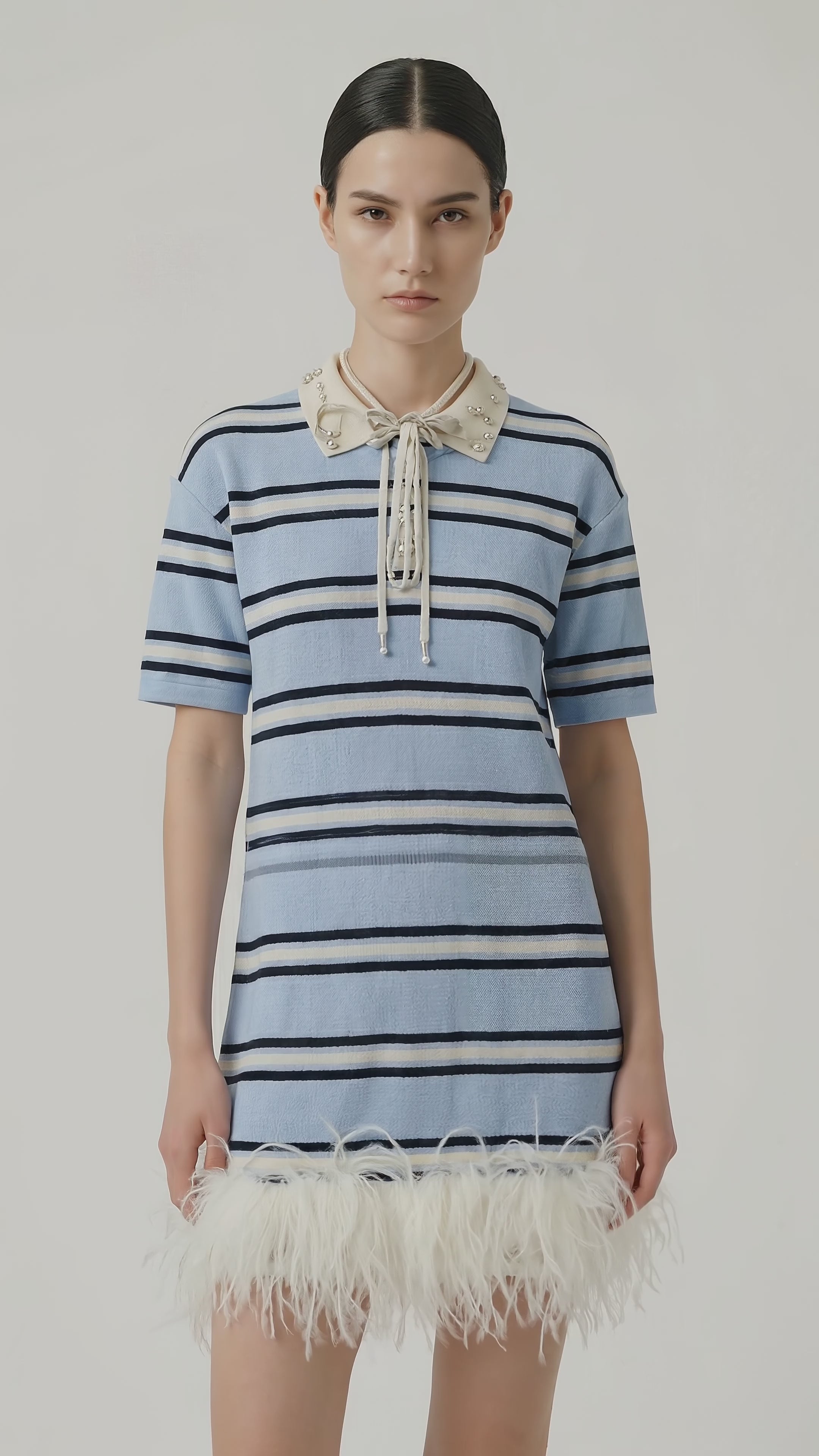 Pearl-Embellished Striped Knit Mini Dress with Ostrich Feather Trim